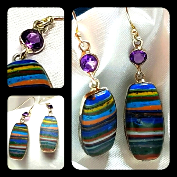 Botswana Agate Stone w Amethyst Gem Accent SS Earrings - Picture 2 of 5
